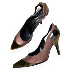 Chanel Vintage Crushed Velvet Pumps Pointed Toe  Cap Heels Shoes Pink Size 37.5